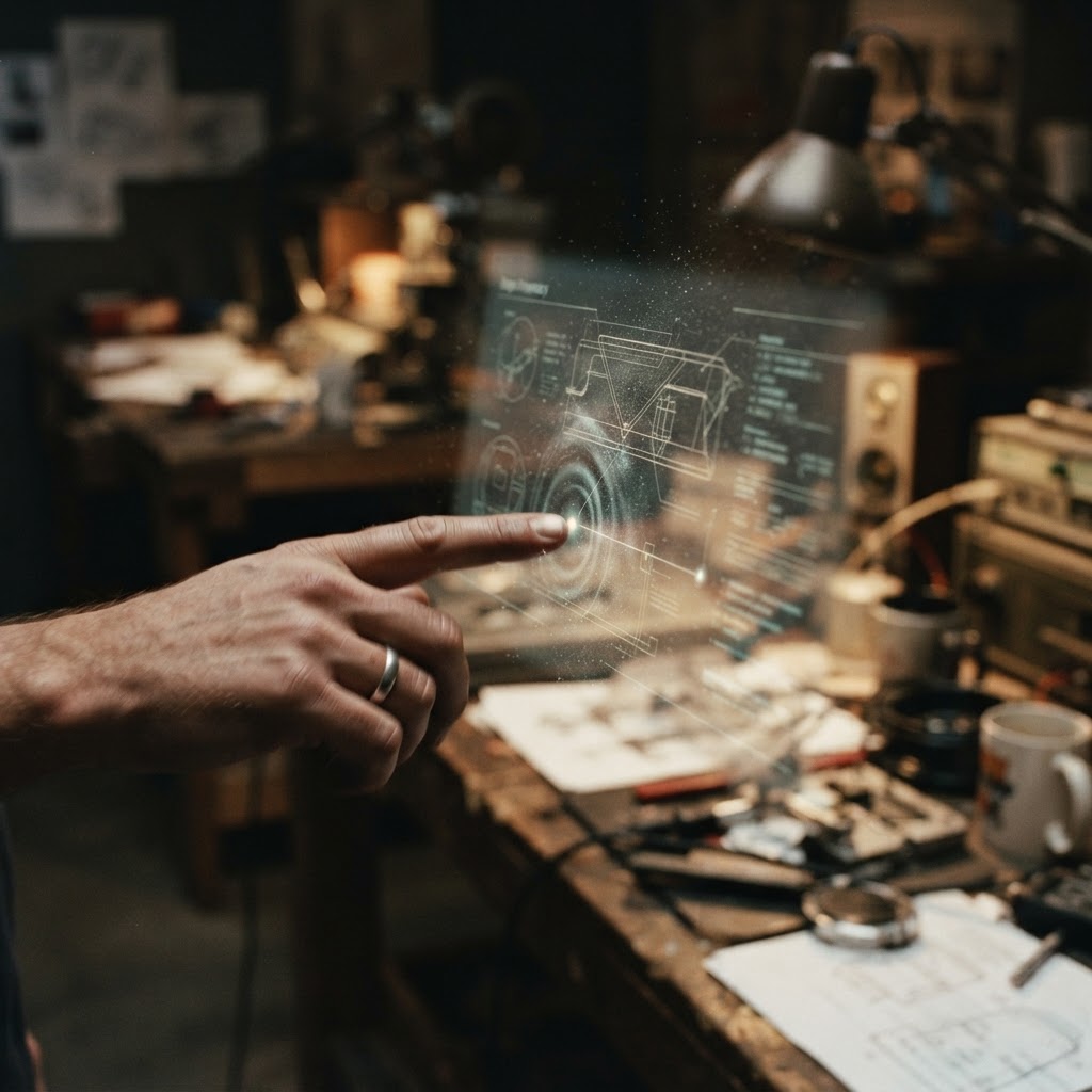Illustration of Cinematic close-up shot of a human hand interacting with a floating, translucent digital interface in a dimly lit studio, high-tech motion blur, visible ripple effects in the air indicating haptic feedback, neon blue wireframe accents, sharp focus on the fingertip touching a light particle, 8k resolution, industrial design aesthetic. - Haptic Zones Technology
