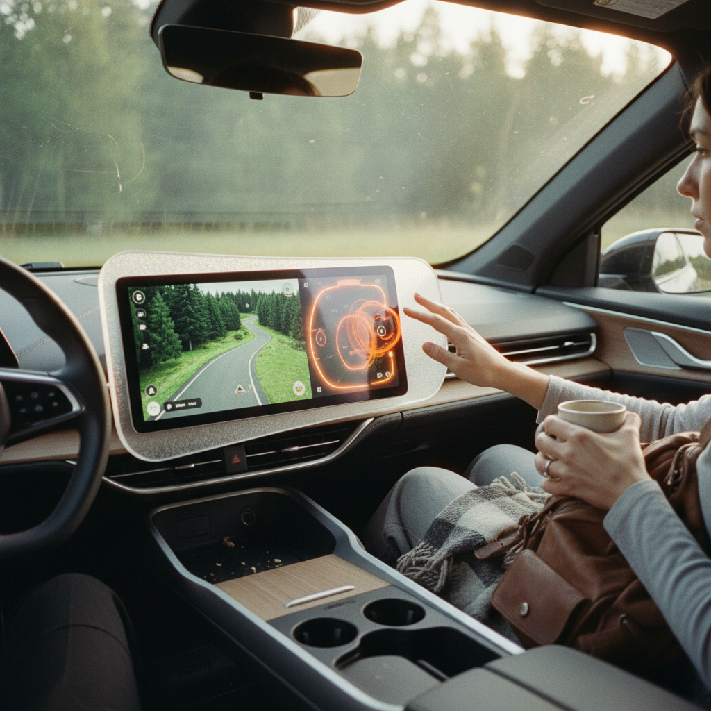 Illustration of A futuristic car interior showcasing an advanced touchscreen interface with dynamic touch zones and gesture controls, emphasizing user interaction and technology. - Haptic Zones Technology