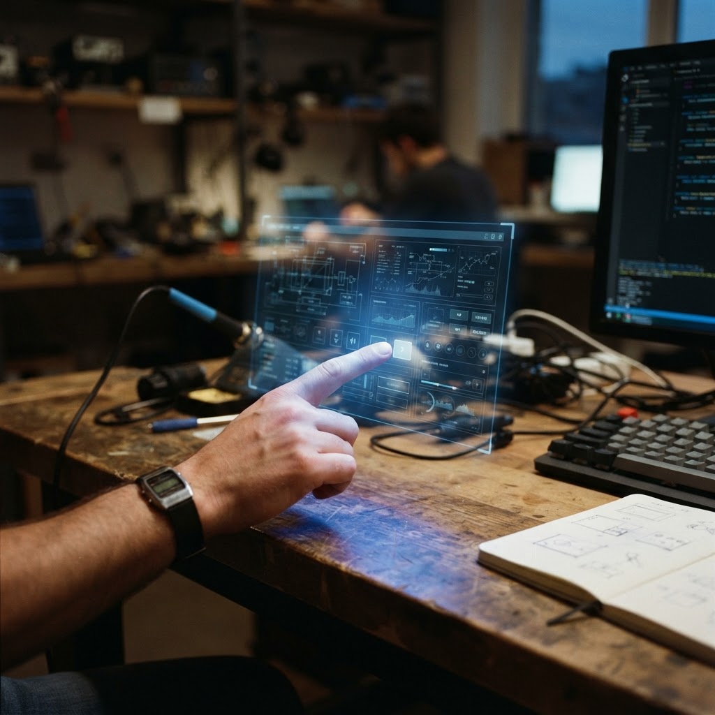 Illustration of Cinematic close up of a human hand interacting with a holographic interface floating in a modern minimalist workspace, soft blue light, depth of field highlighting the intersection of hand and virtual control, photorealistic, sharp focus, technical atmosphere. - Haptic Zones Technology