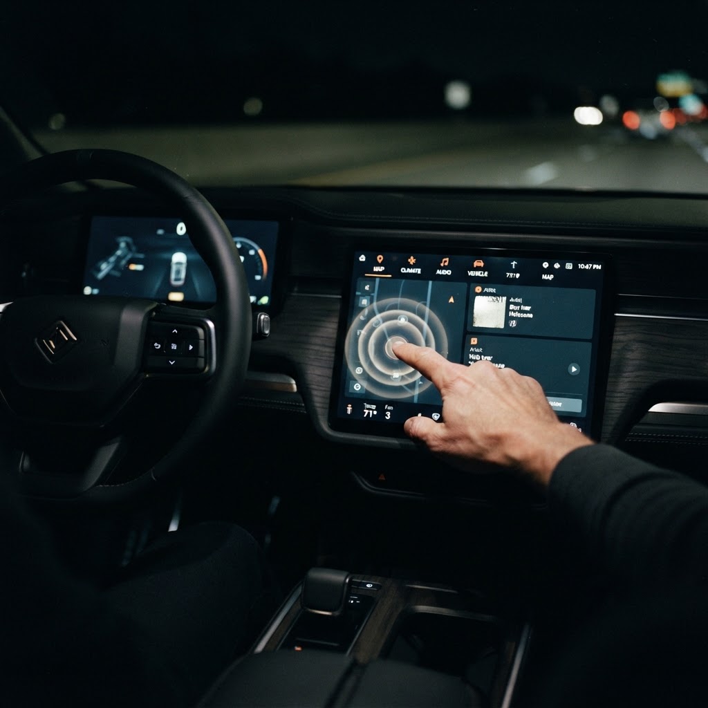 Illustration of A high-end, futuristic automotive cockpit at night with a glowing, haptic-enabled touchscreen display. Close-up shot on a finger touching a virtual button that is creating light-ripple effects on the glass surface. Cinematic lighting, deep shadows, bokeh background, photorealistic style, 8k resolution. - Haptic Zones Technology