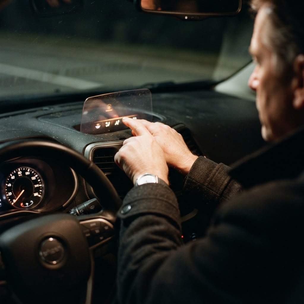 Illustration of A cinematic close-up of a human hand interacting with a sleek, glowing holographic interface in a modern vehicle interior at night, soft blue light illuminating the fingertips as they trace invisible boundaries in the air, high-tech, shallow depth of field, hyper-realistic, 8k resolution, professional architectural photography style. - Haptic Zones Technology