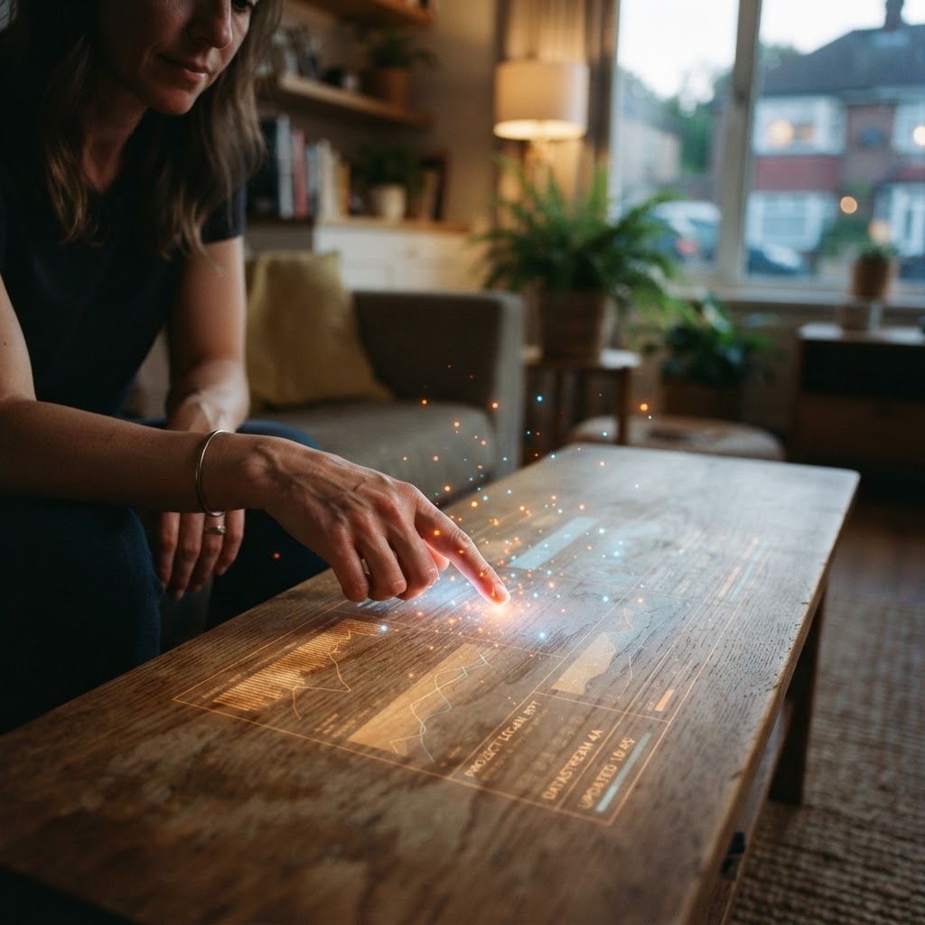 Illustration of A cinematic close up of a person's hand interacting with glowing translucent digital interfaces in a modern living room, soft blue and orange light particles reacting to fingertip movement, depth of field focused on the point of contact, hyper-realistic, 8k resolution, professional lighting, industrial design aesthetic. - Haptic Zones Technology