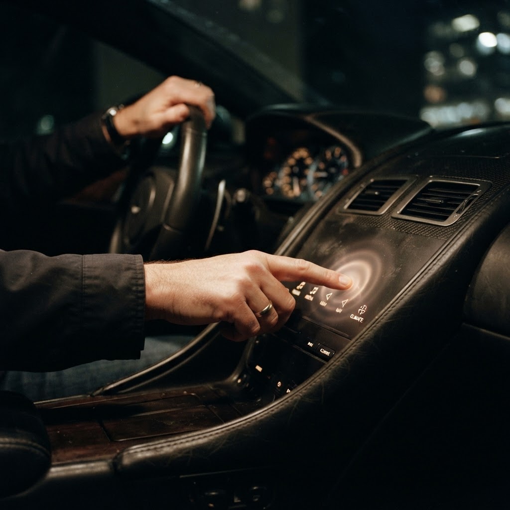 Illustration of Cinematic macro shot of a sleek, dark luxury car interior at night. A driver's finger is touching a glowing haptic interface on the dashboard, with subtle, ethereal light pulses emanating from the point of contact to signify tactile feedback. High tech, futuristic, moody lighting, 8k resolution. - Haptic Zones Technology