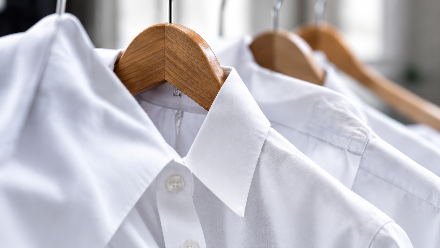 Freshly cleaned white shirts on wooden hangers