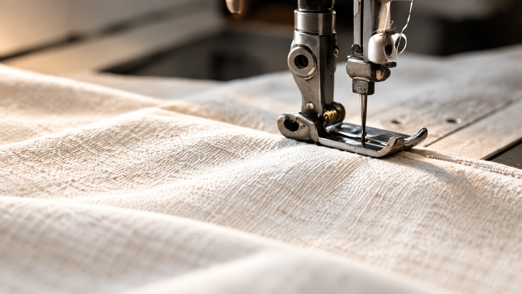Sewing machine stitching natural linen fabric