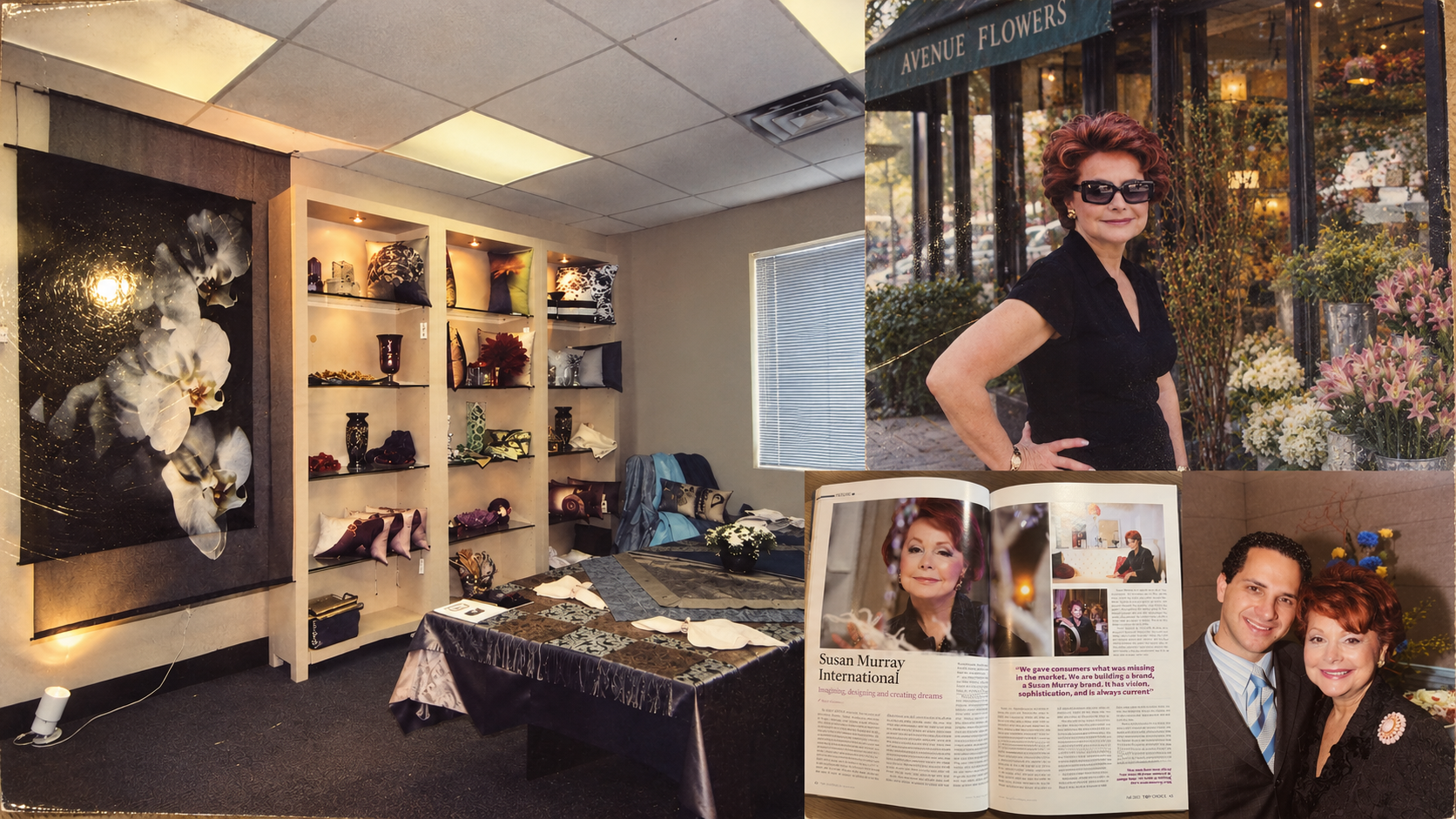 A collage of Susan's early showroom, floral design days, press coverage, and family memories