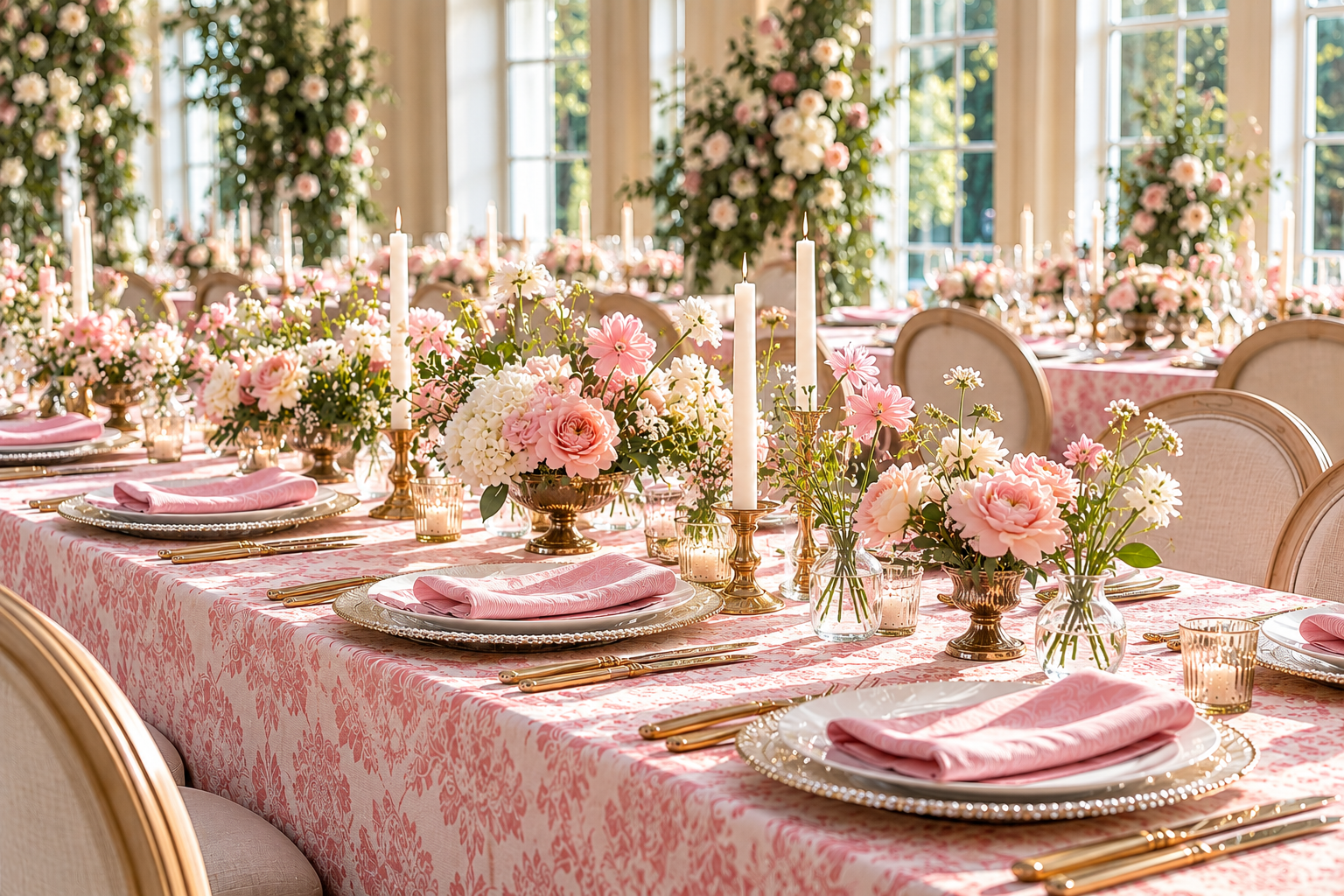 Soft pink linens and floral details at a wedding table