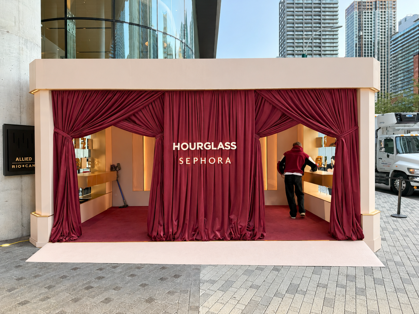 Burgundy Hourglass and Sephora drapery at the Toronto pop-up