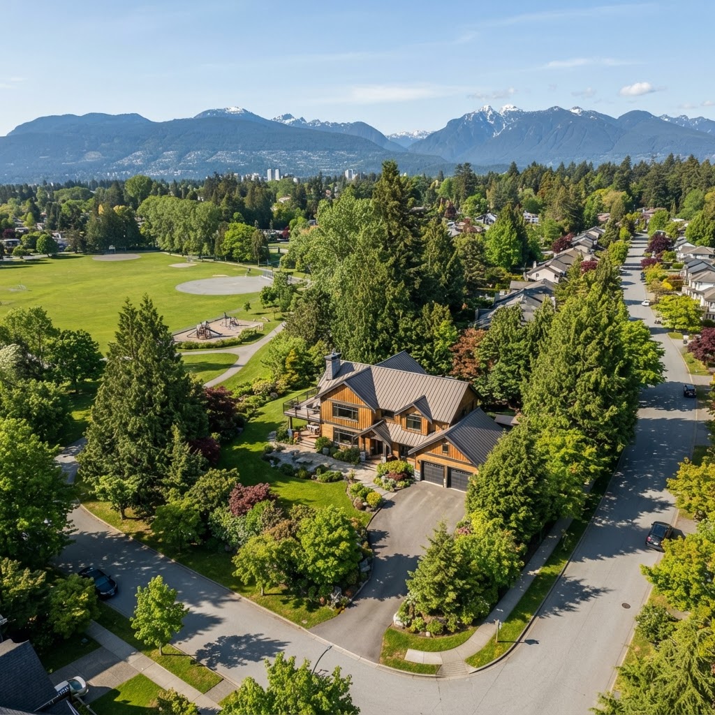Aerial view of a home on a large lot near a park and mountains