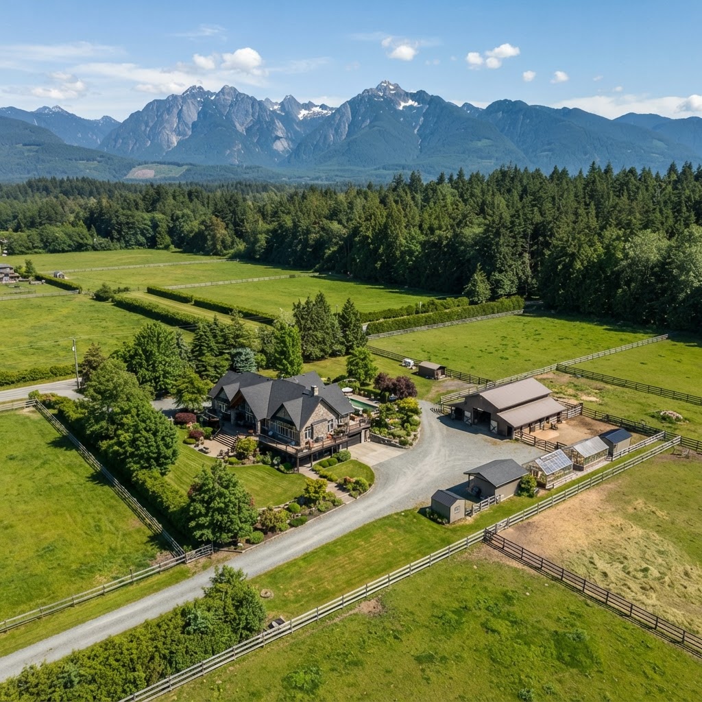 Aerial drone view of a Maple Ridge acreage property with Golden Ears in the background