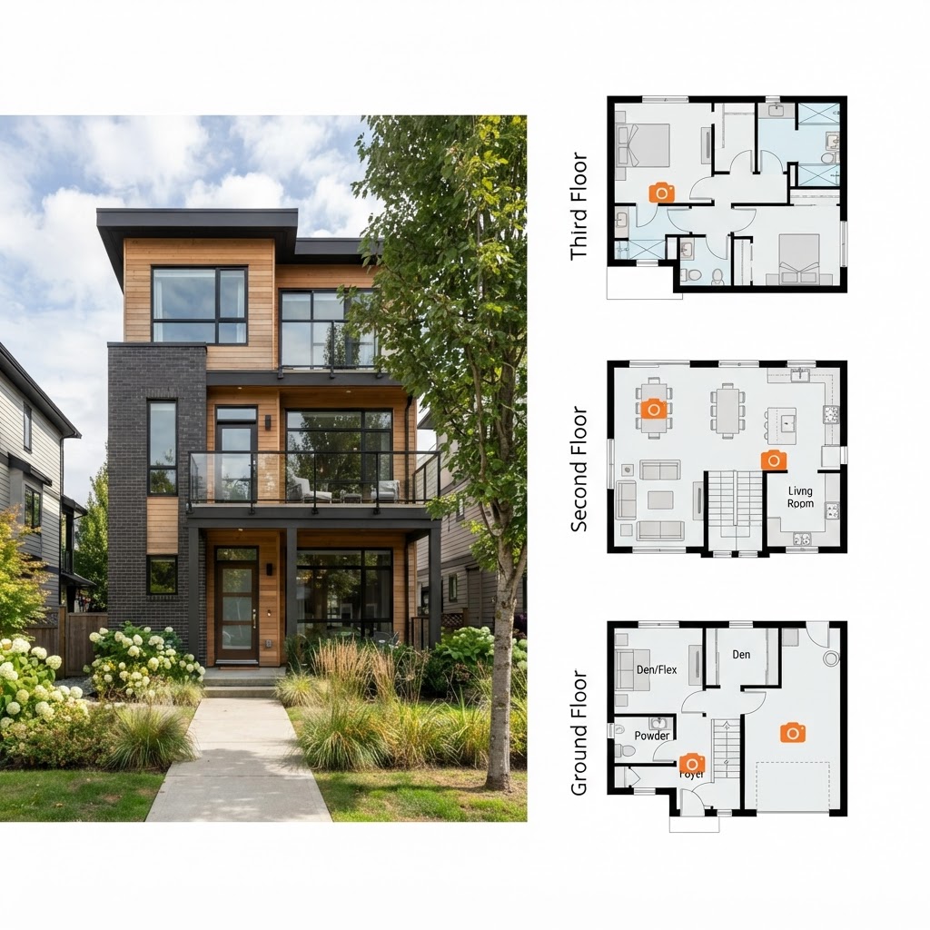 Three-storey townhouse with its floor plans showing photo markers on each level