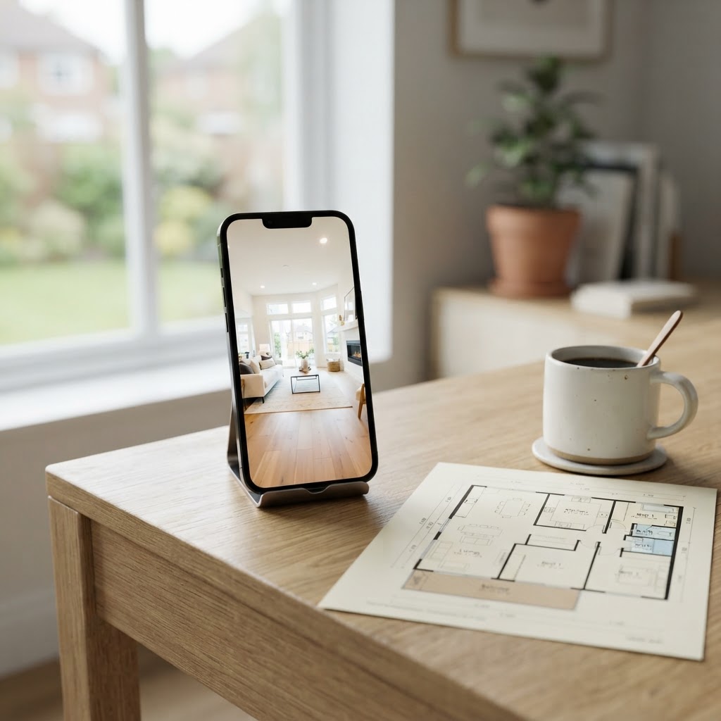 Phone playing a short vertical listing video beside a floor plan