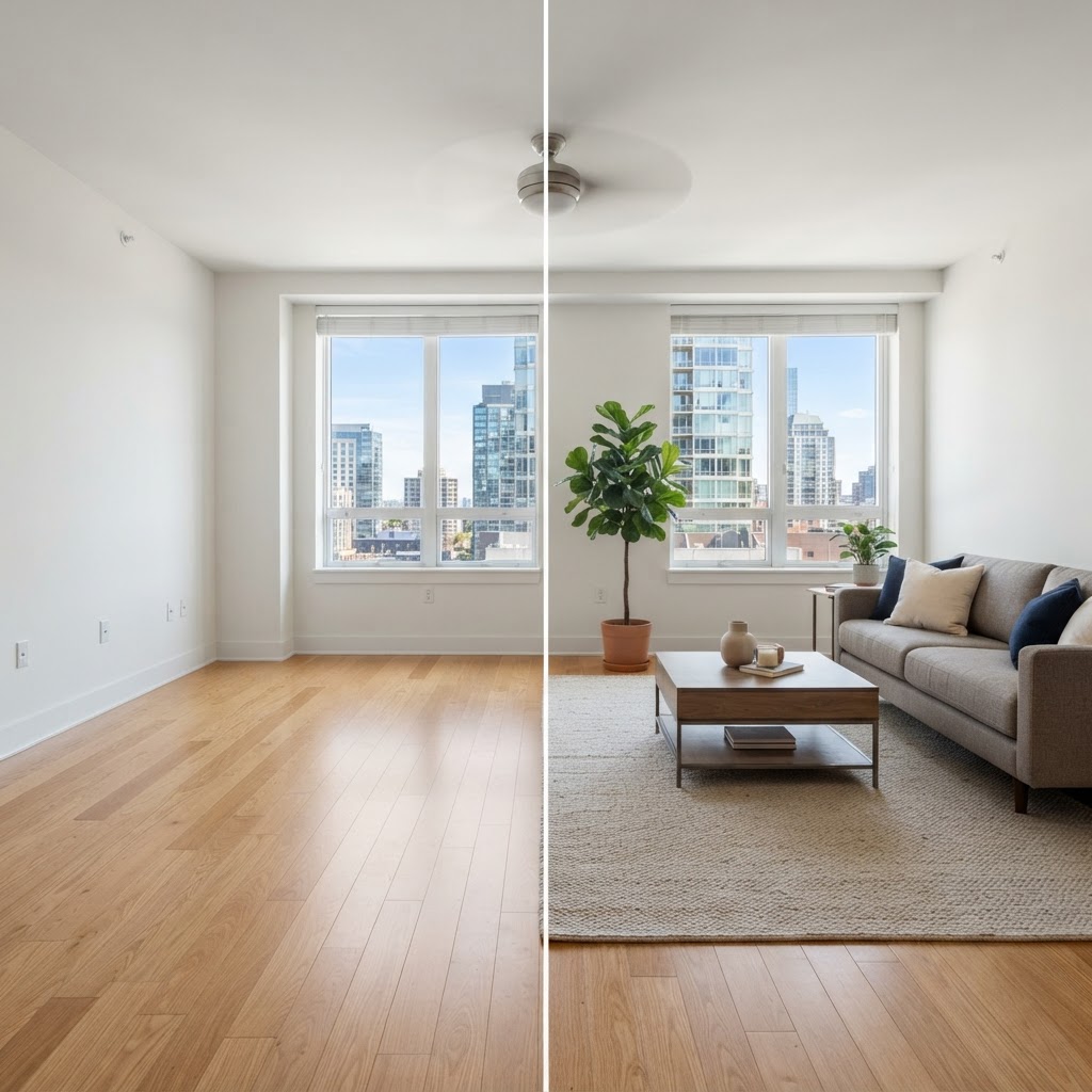 Vacant living room shown empty and virtually staged