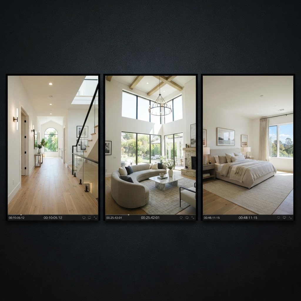 Three video frames: a walkthrough, a cinematic shot and a photo-based video