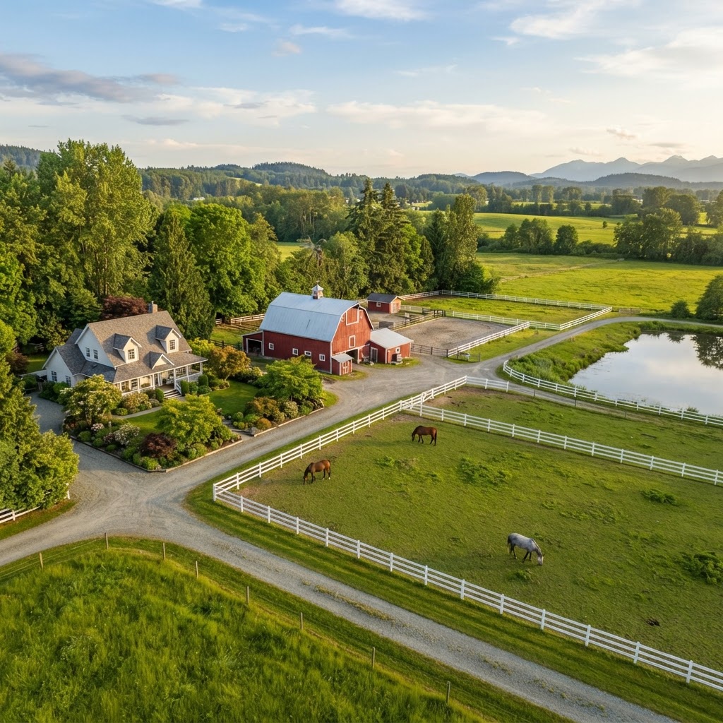 Aerial view of a Langley acreage property with house, barn, and paddock