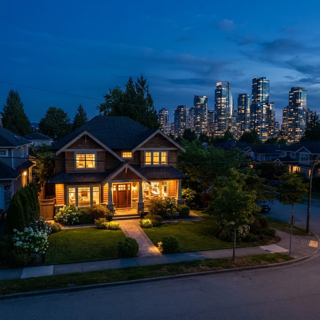 Twilight photograph of a Burnaby home with warm interior lights against a deep blue evening sky