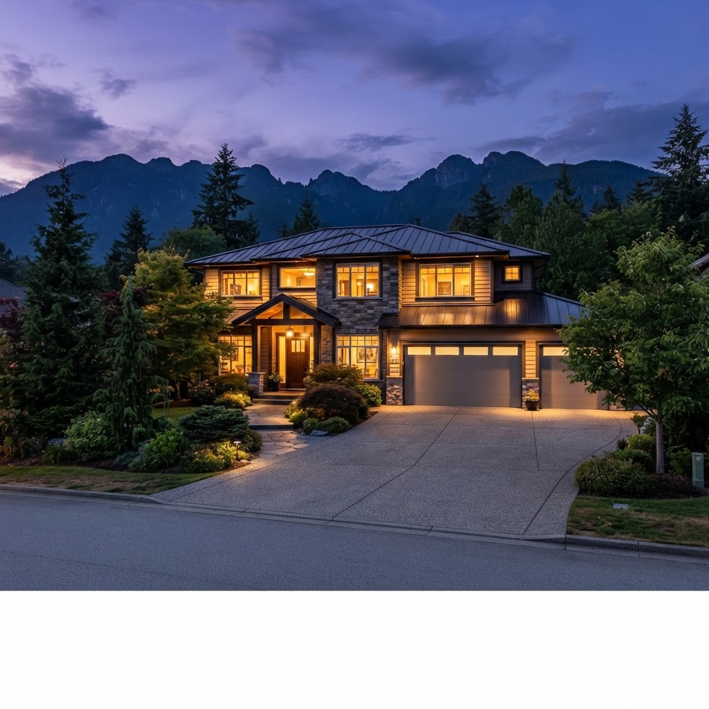 Twilight photograph of a Maple Ridge home with warm interior lights against a deep blue evening sky