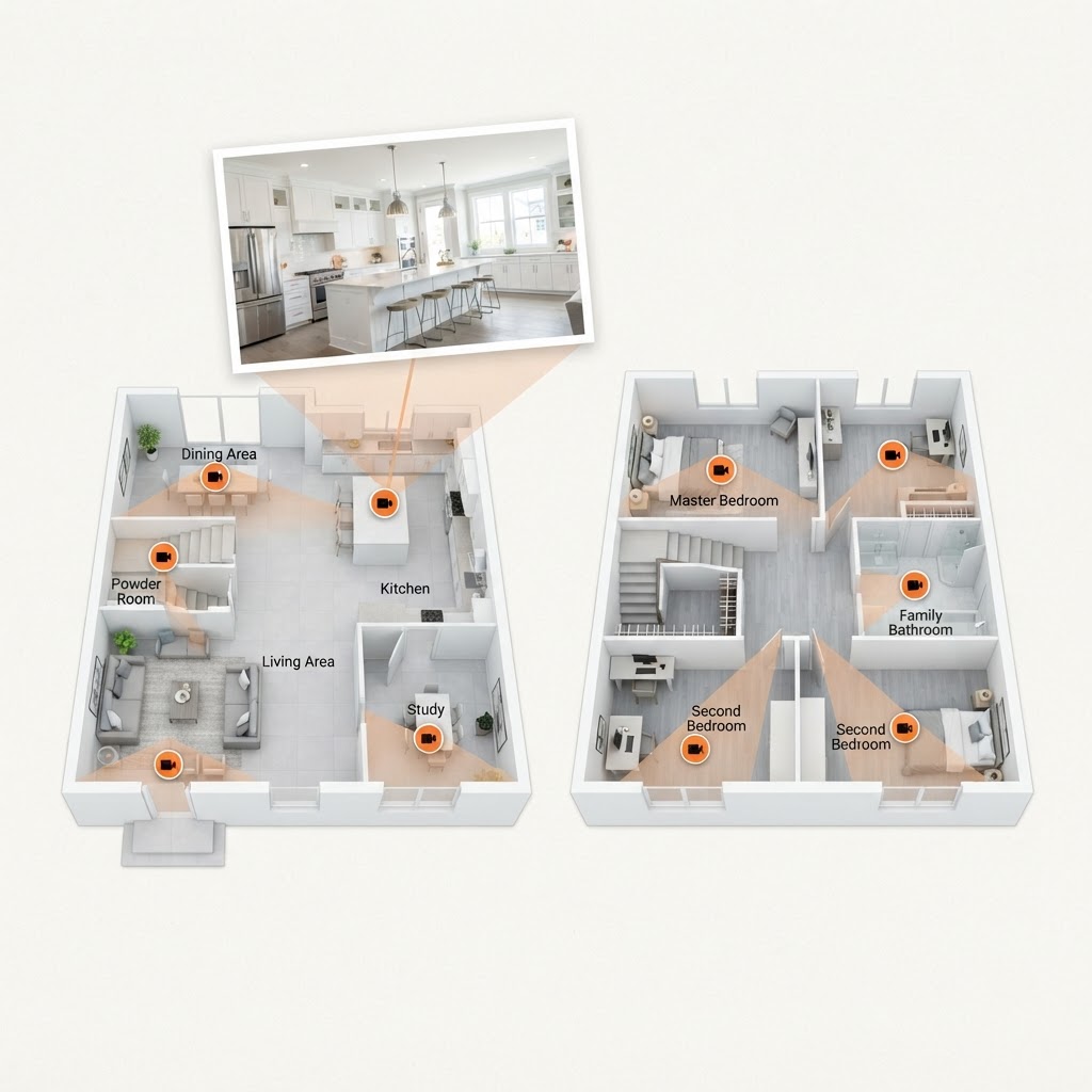 Floor plan with orange camera markers linked to listing photos