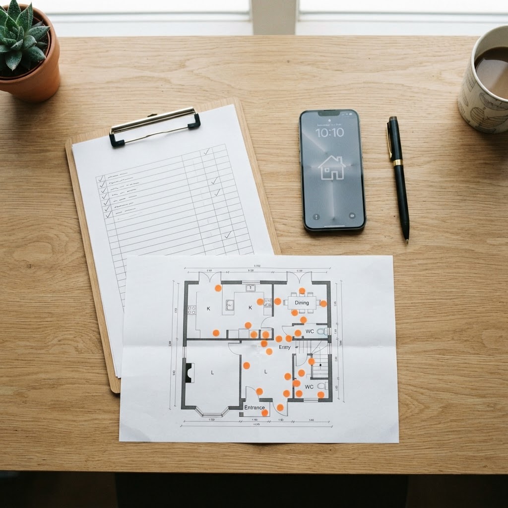 Clipboard checklist beside a townhouse floor plan