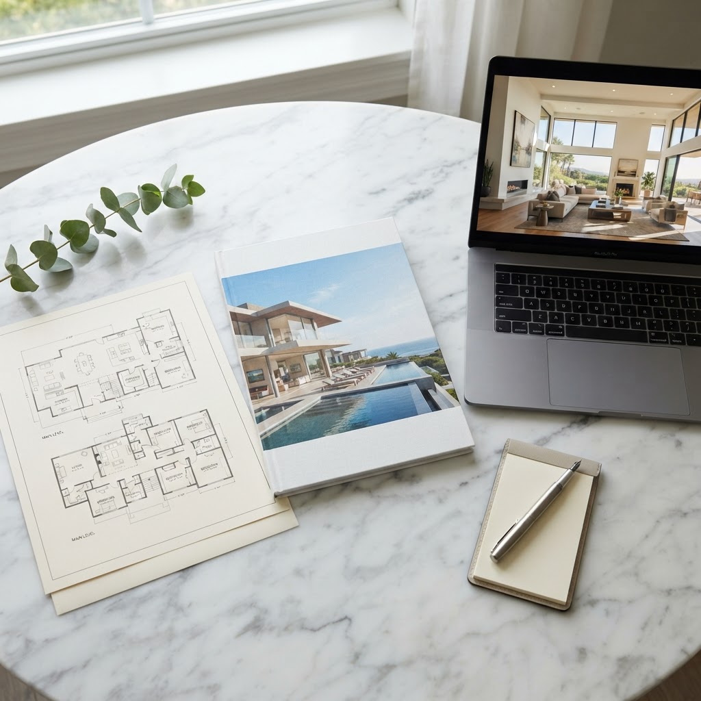 Luxury home listing kit: brochure, video on a laptop and floor plan