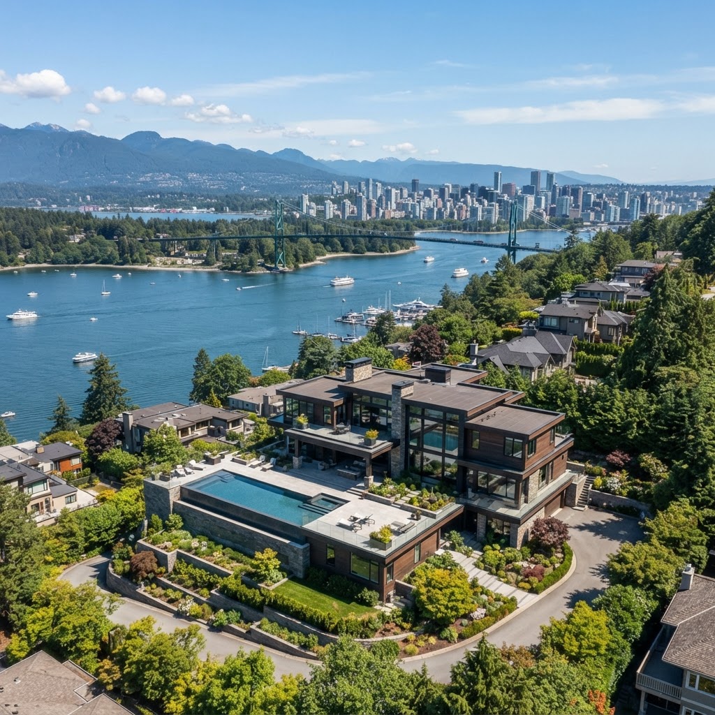 Aerial drone view of a West Vancouver hillside home overlooking Burrard Inlet and the North Shore mountains