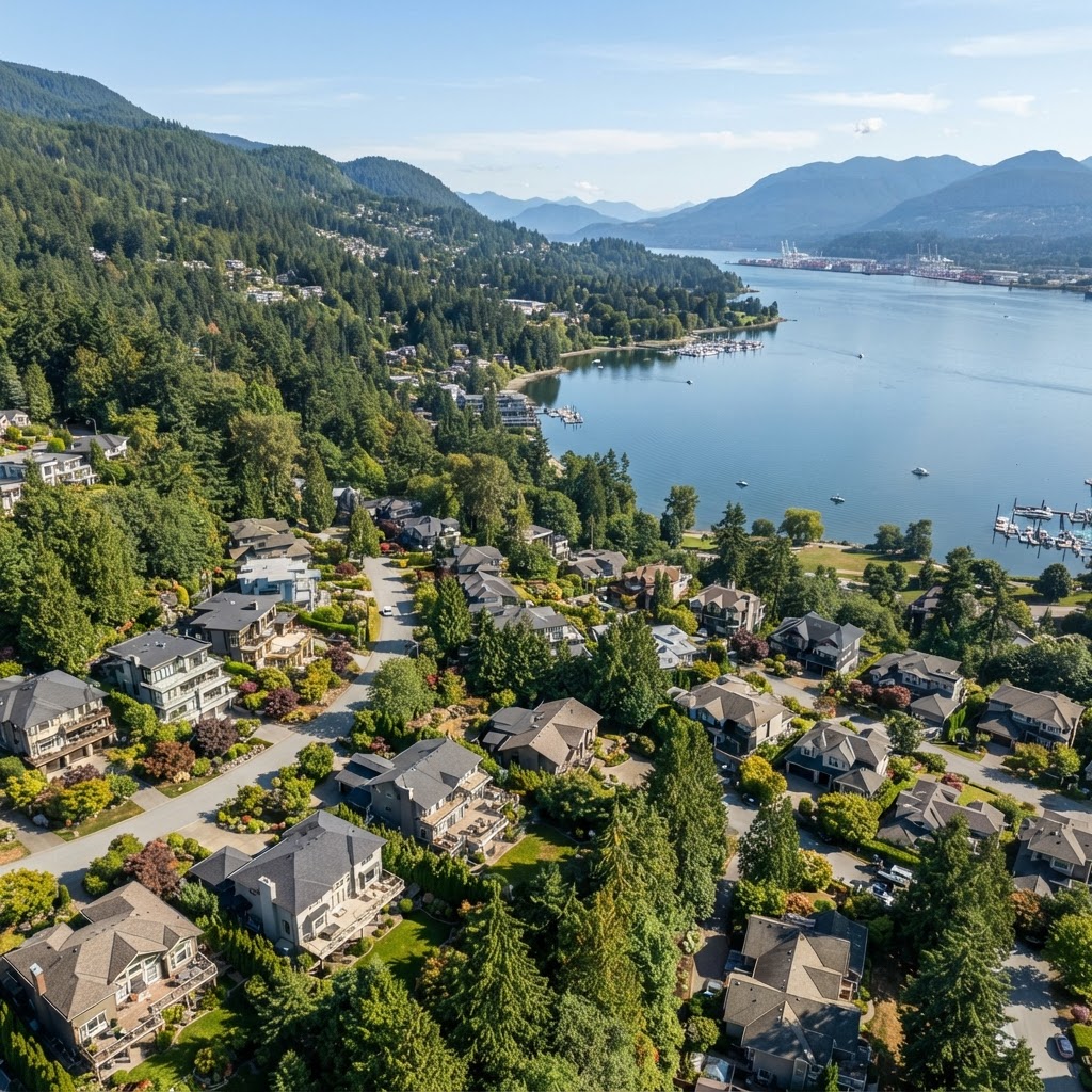 Aerial drone photograph of a Port Moody hillside home overlooking Burrard Inlet