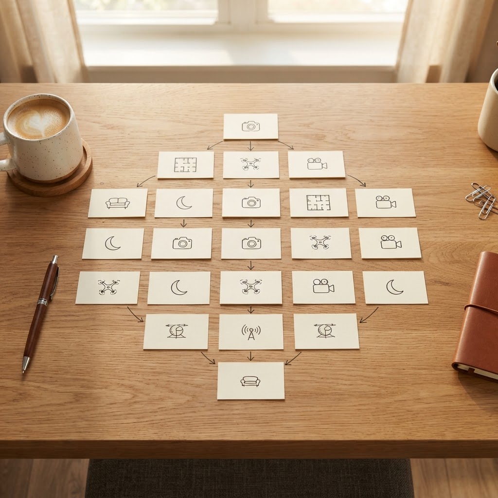 Decision flow of listing media choices laid out on a desk