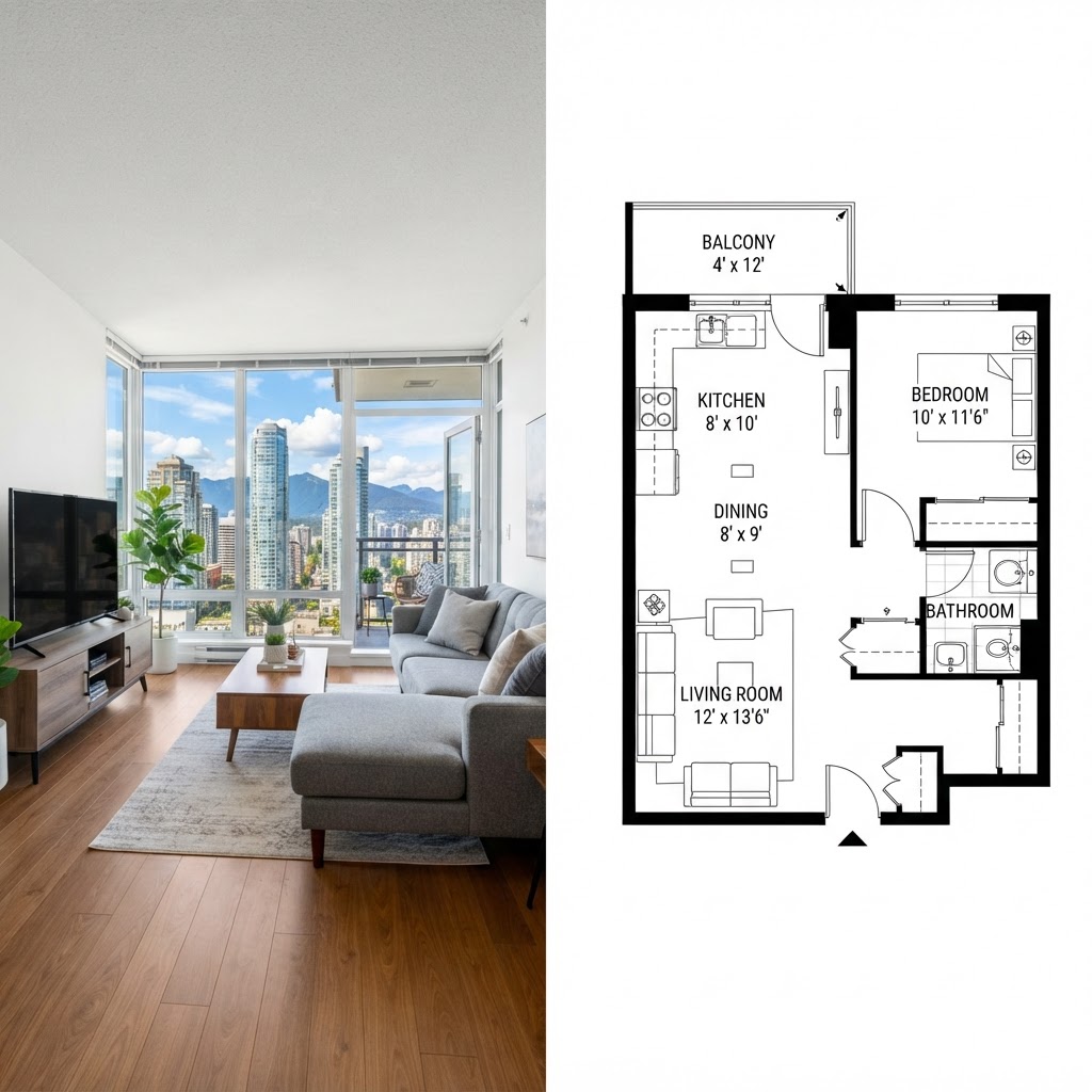 Bright condo living room photo next to its measured floor plan