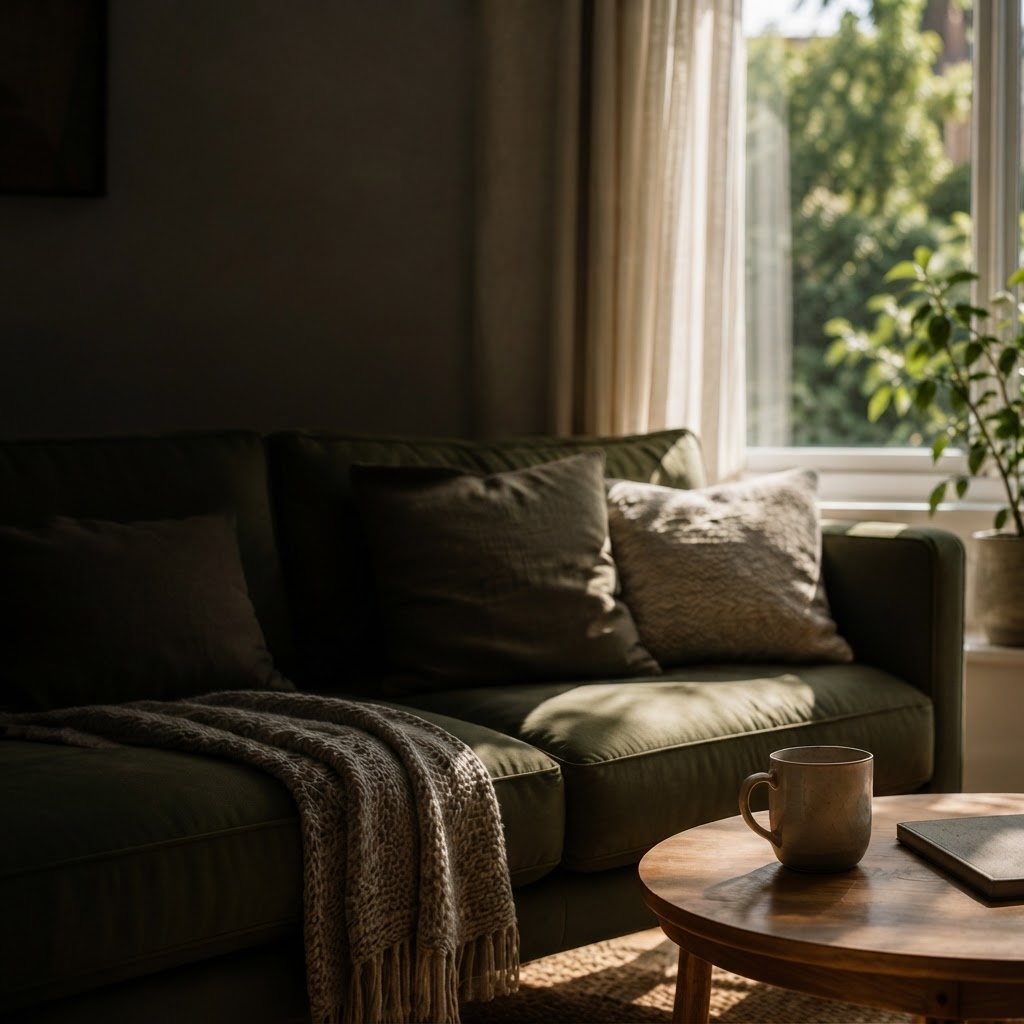 A cosy reading nook with an olive-green sofa, warm wooden coffee table and soft natural daylight