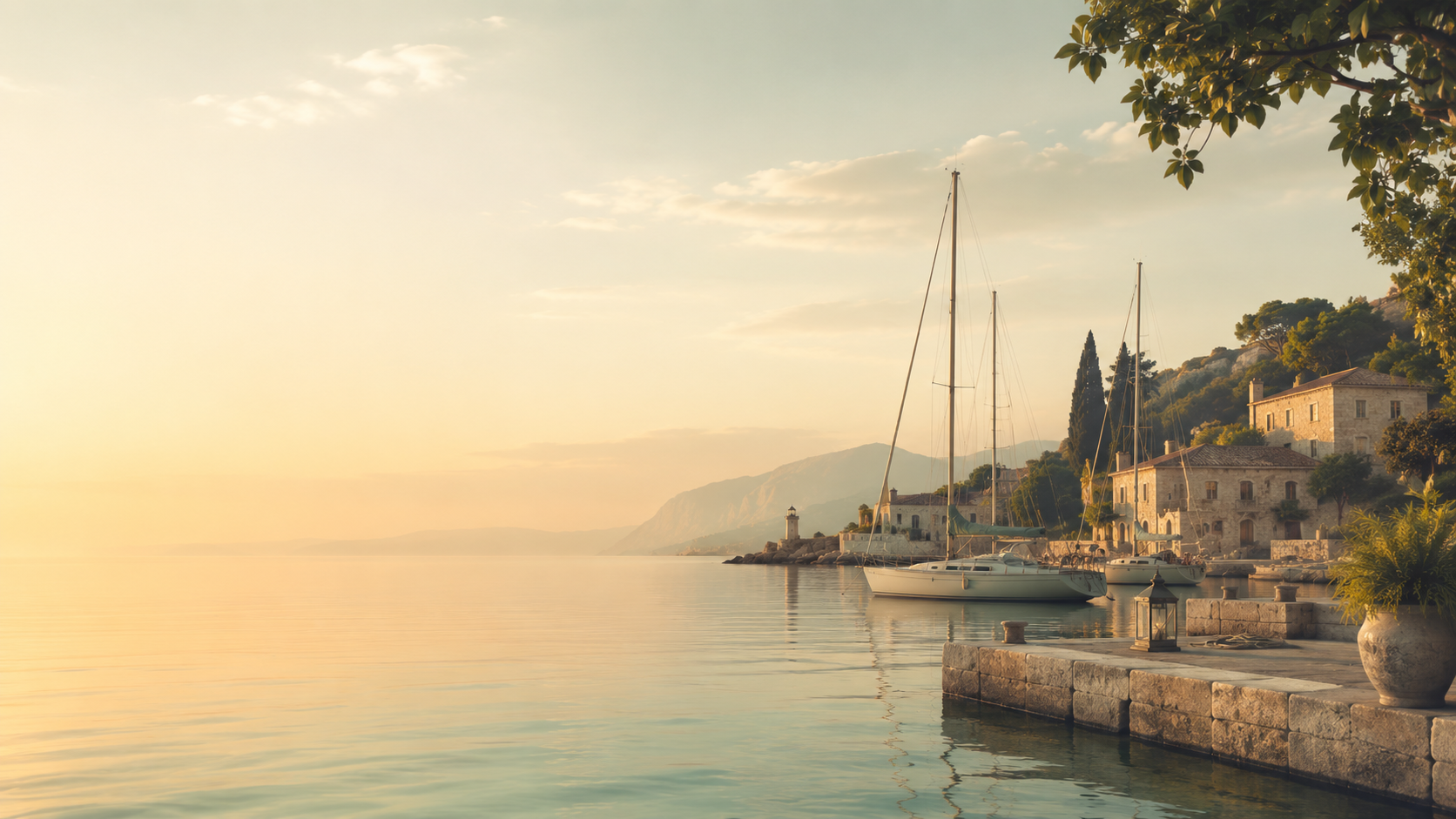 A still Mediterranean harbour at golden hour