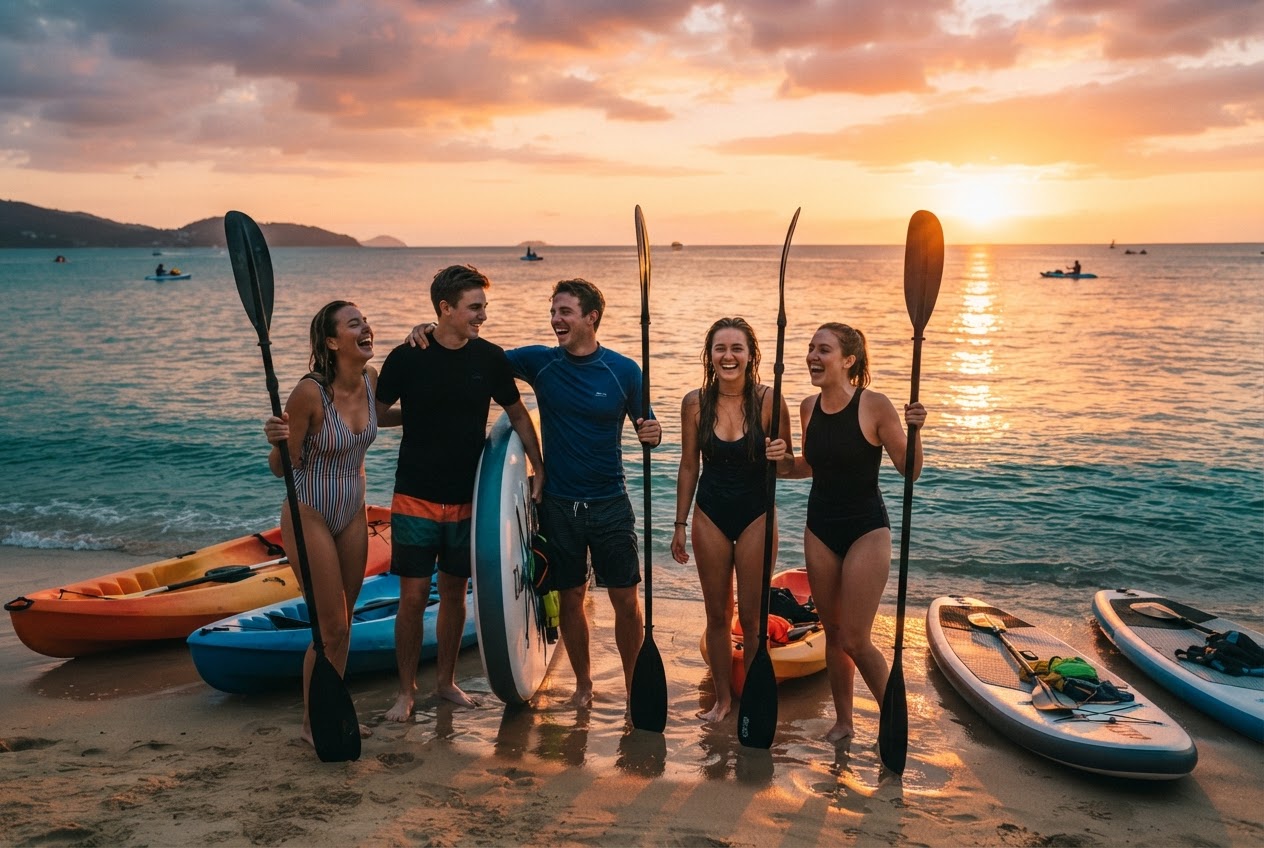 Friends gathering with paddle boats at sunset