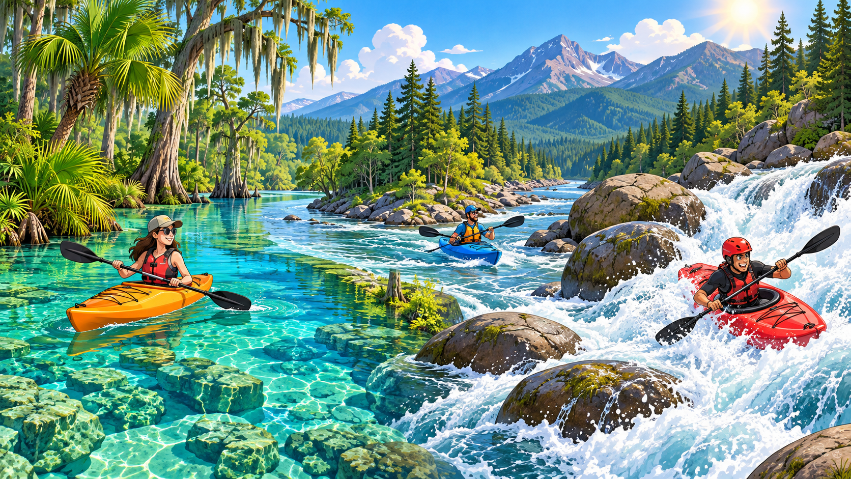 Kayakers paddling from clear Florida springs past mountains into whitewater