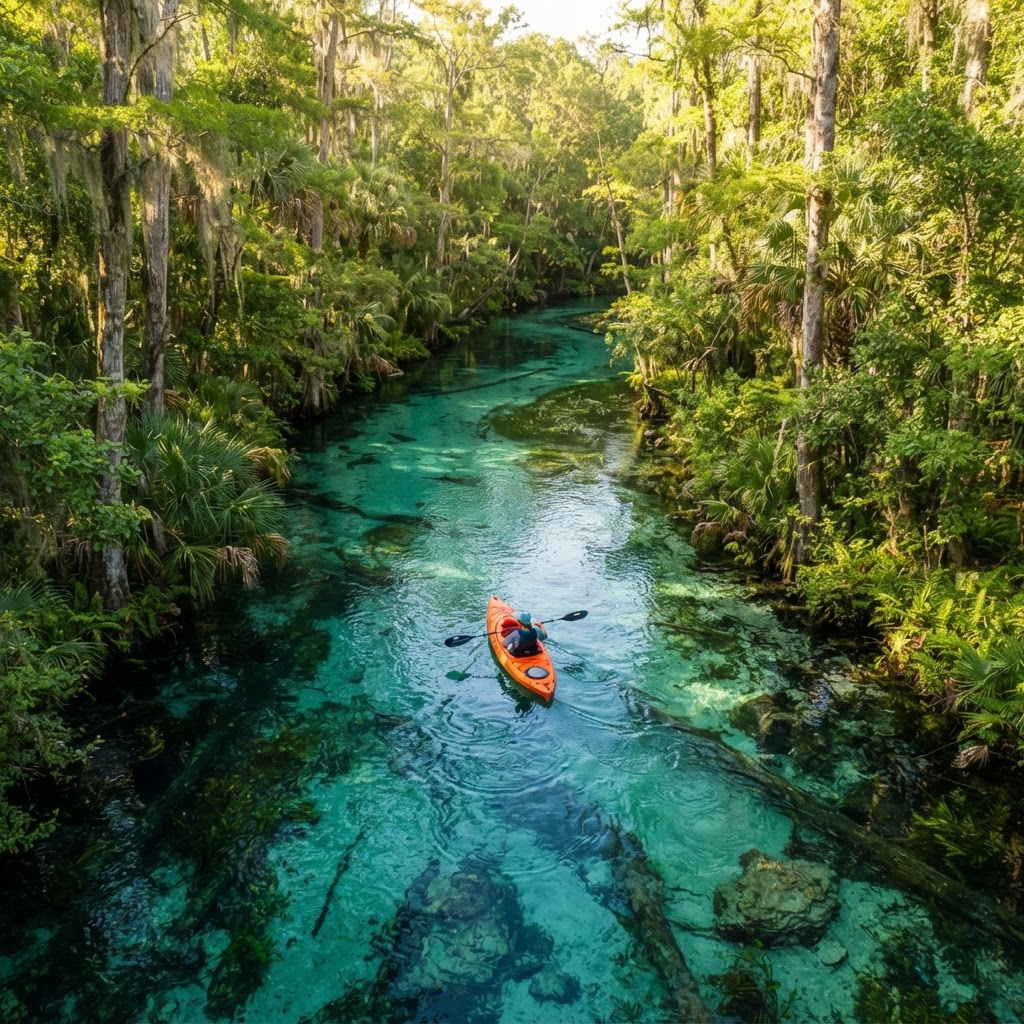 Kayaker paddling on a crystal-clear Florida natural spring
