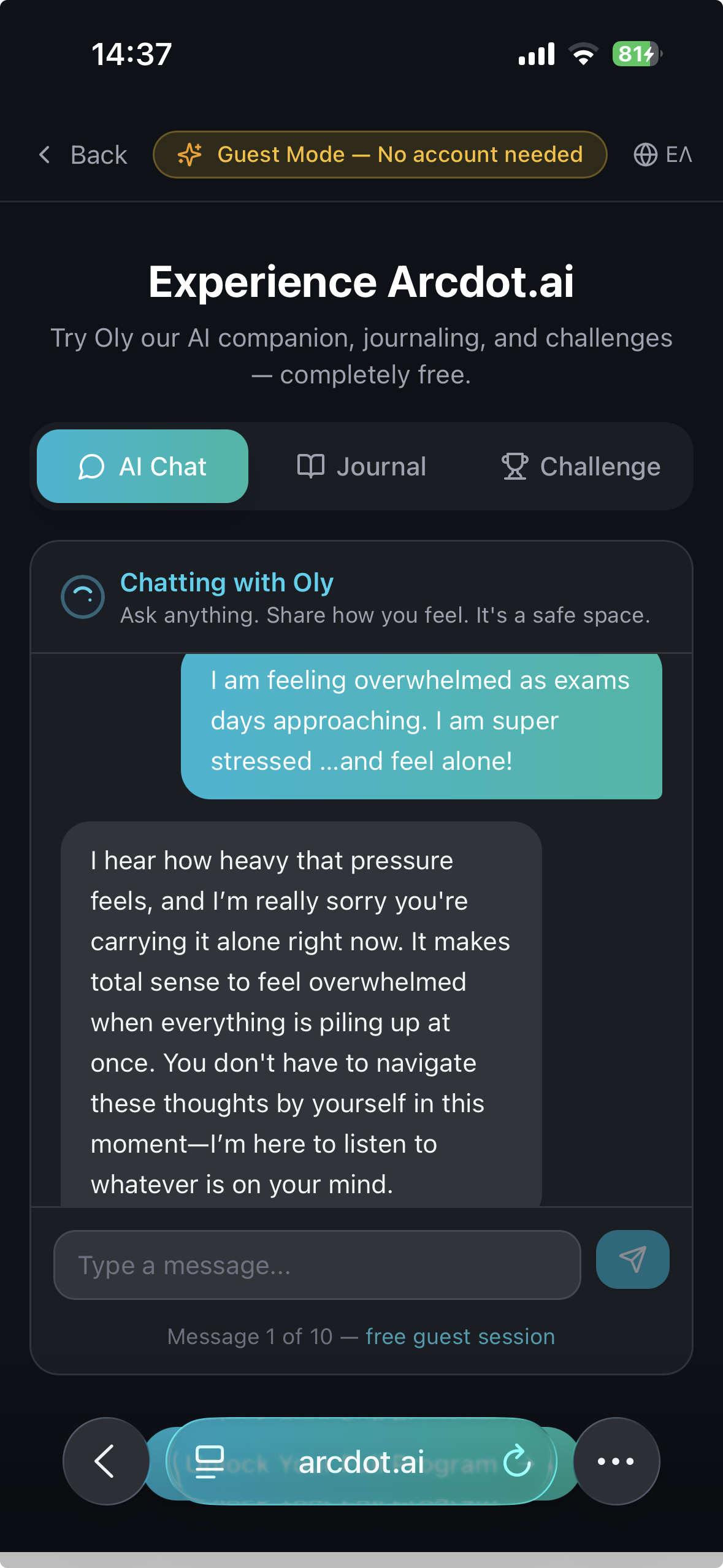 Arcdot Oly chat — a student talking through a difficult moment with the AI emotional resilience companion
