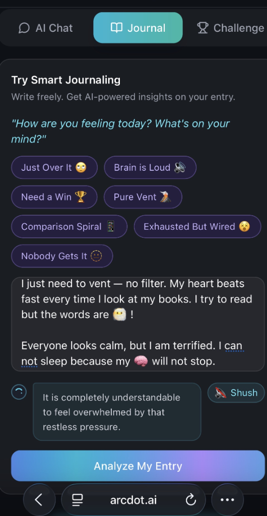 Arcdot Smart Journaling — a student reflecting on exam pressure with Oly's support