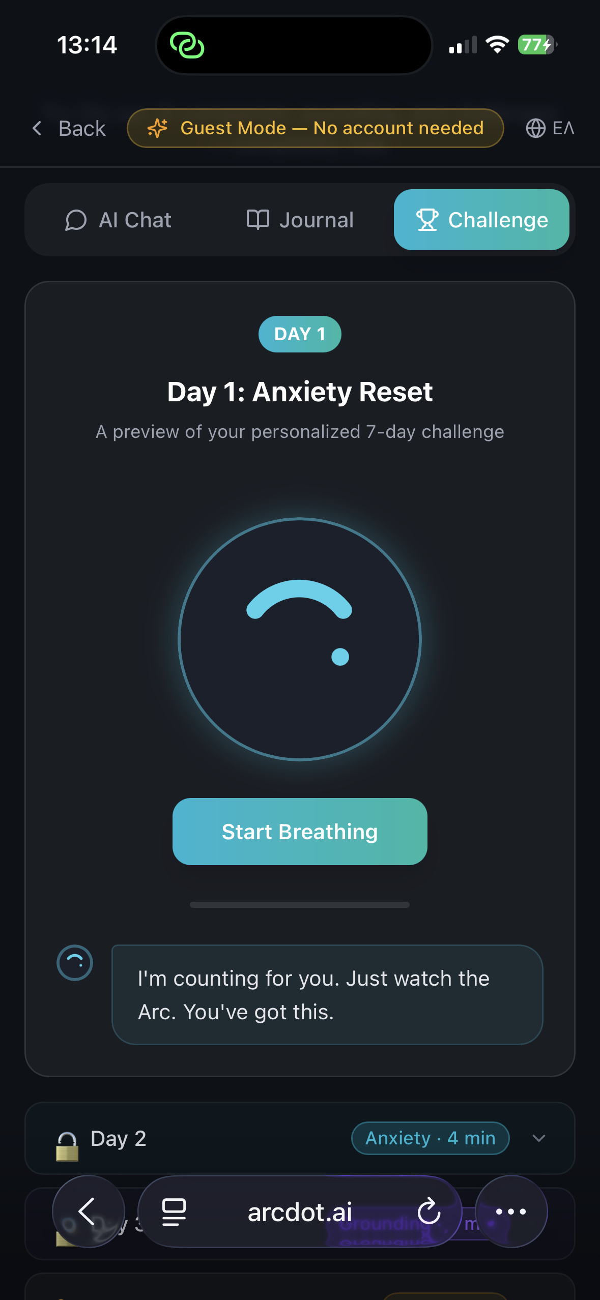 Arcdot Day 1 challenge — a guided breathing exercise on the student Challenge screen
