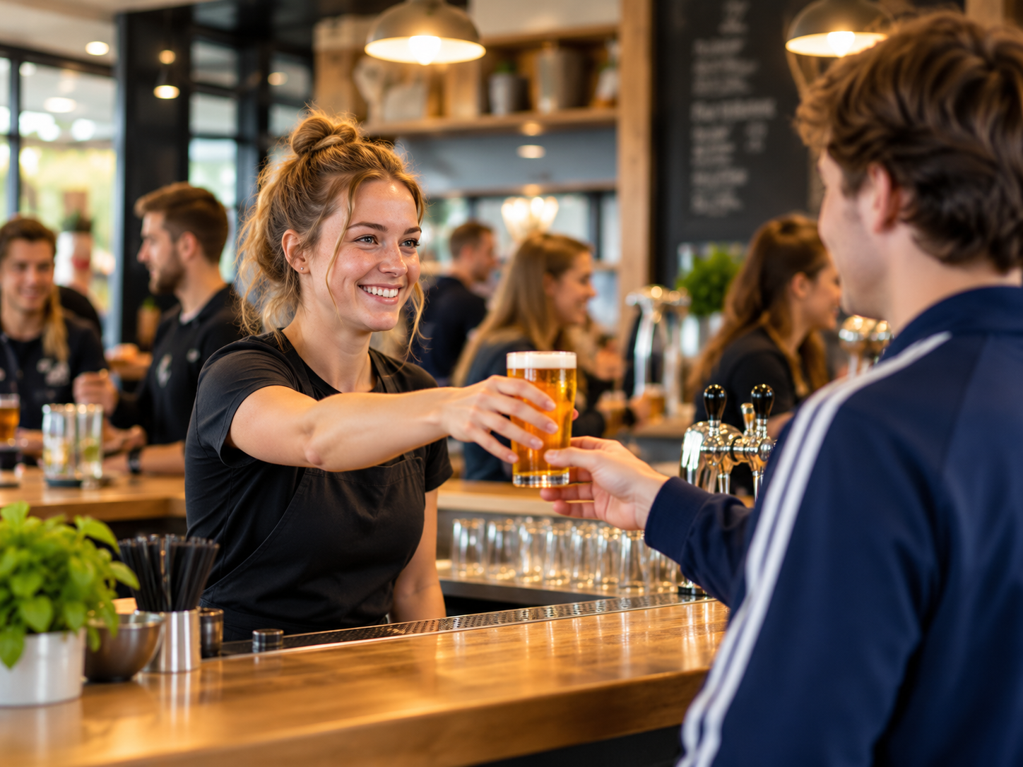 Een medewerker helpt een bezoeker aan de bar in een gezellige verenigingskantine