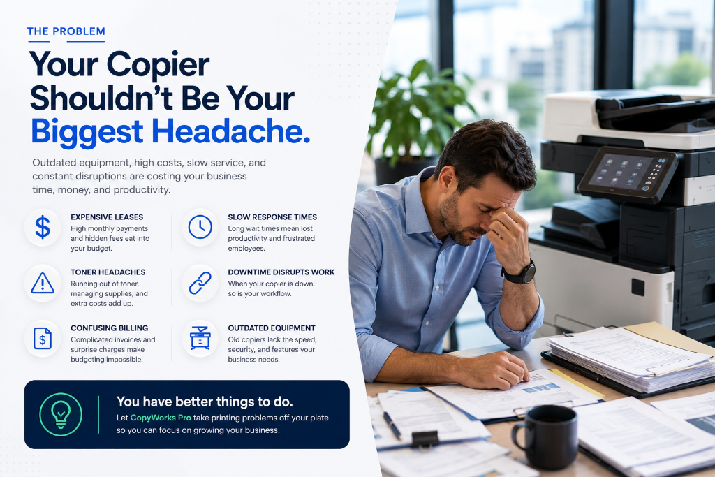 Your Copier Shouldn't Be Your Biggest Headache - expensive leases, poor service, toner headaches, downtime, confusing billing, outdated equipment