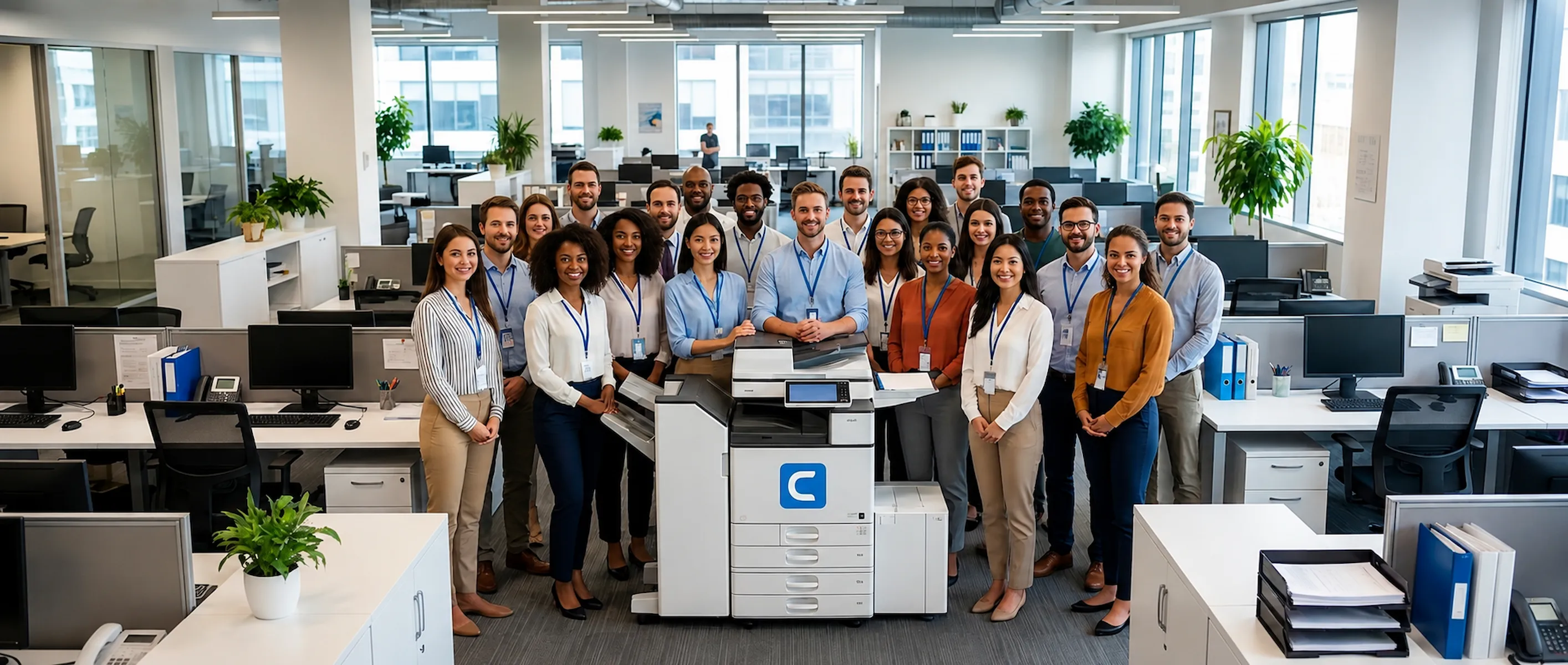 Happy business team with commercial copier