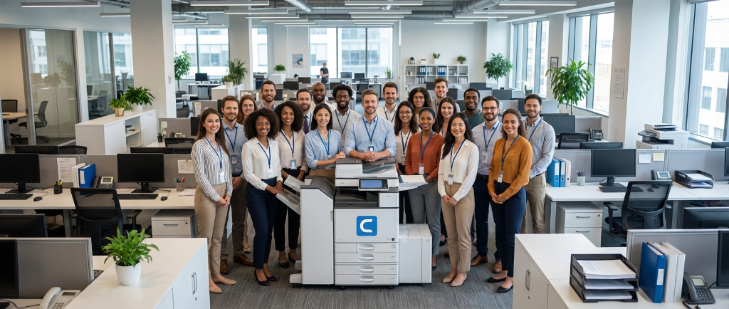 Happy business team with commercial copier