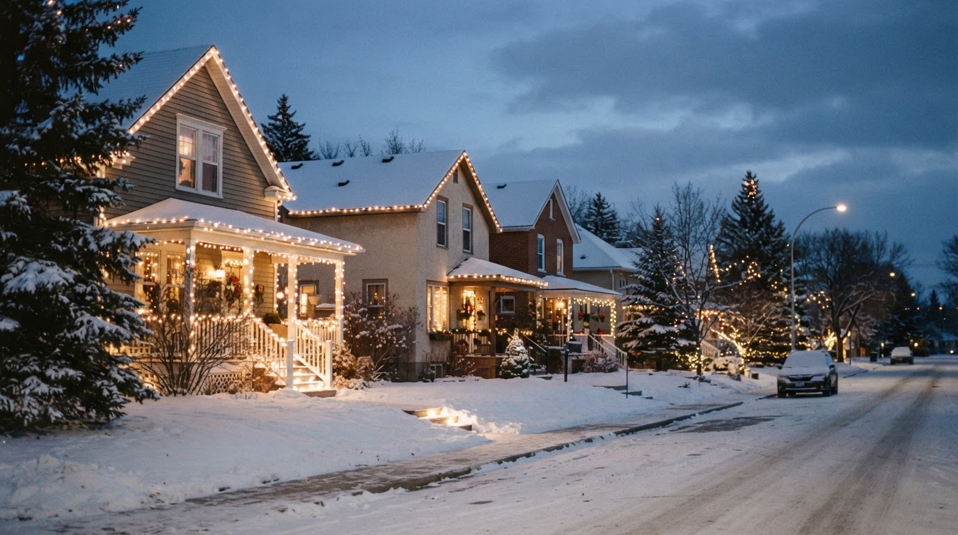 Houses outlined in warm string lights on a snowy street