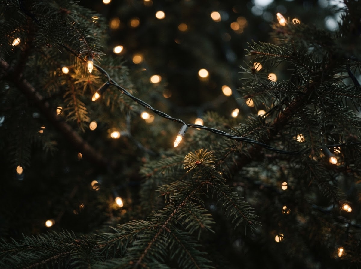 String lights on evergreen boughs