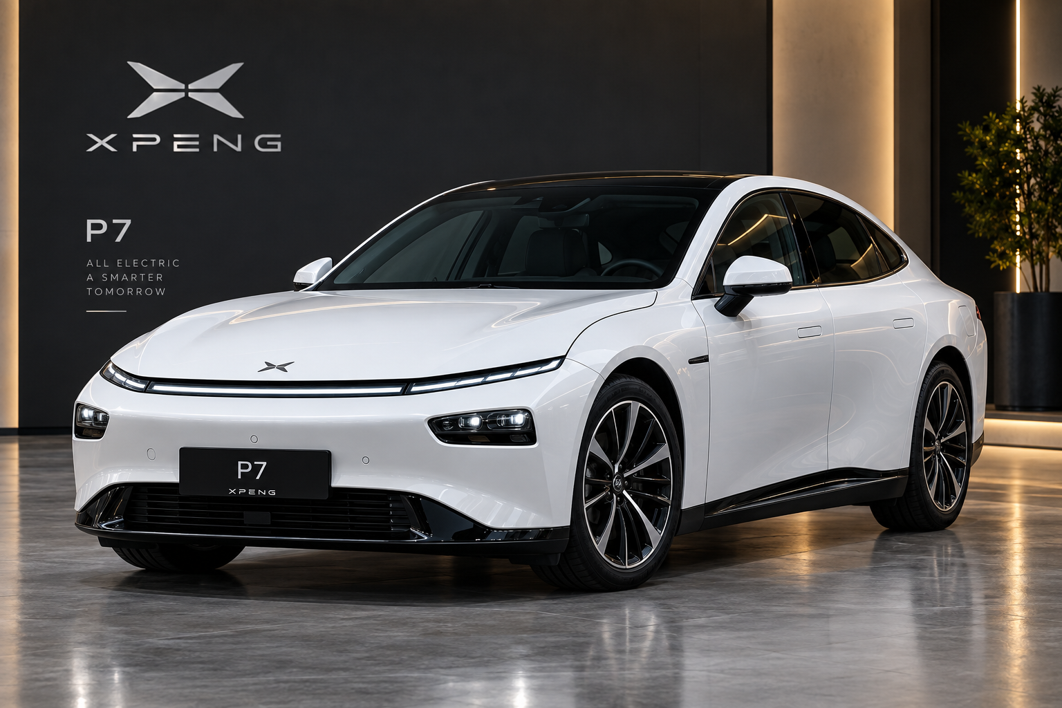 XPENG P7 branca — sedan premium elétrico — Porto Transfers
