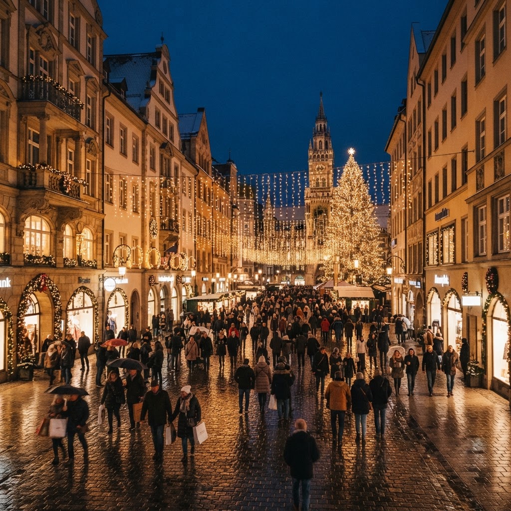 Festive Christmas lights spanning a city centre street at night — illustrative image of a Galician Christmas display