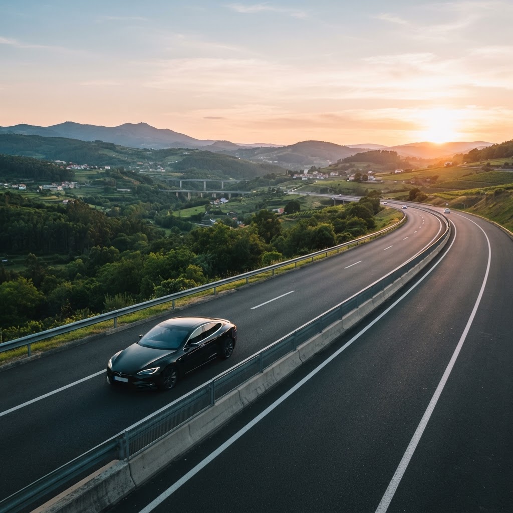 Private luxury car crossing the border landscape between Galicia and northern Portugal on a motorway at golden hour