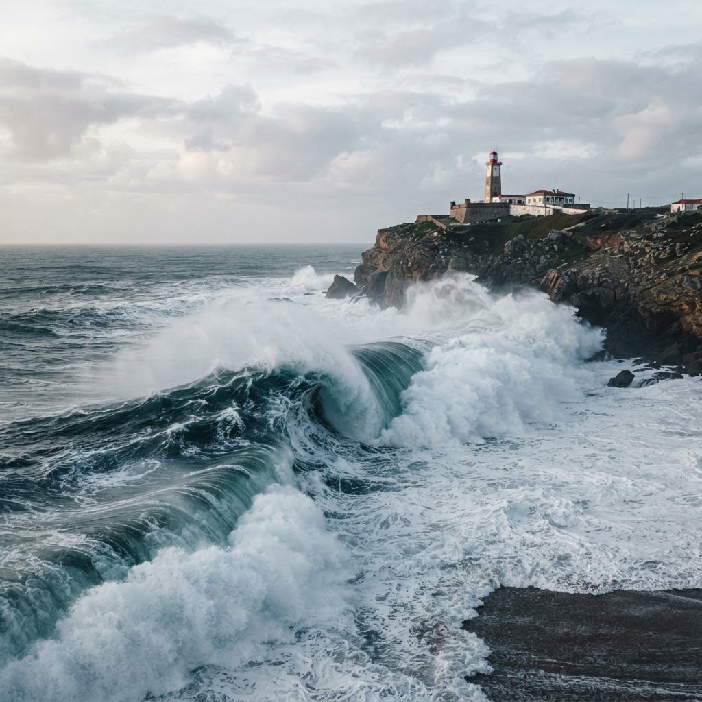 Praia do Norte beach with a giant Atlantic wave breaking below the Nazaré lighthouse