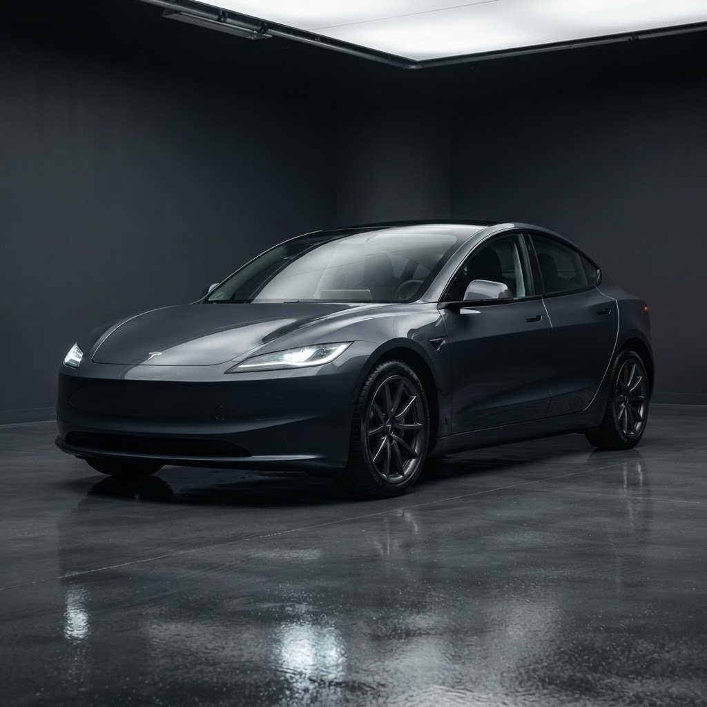 Tesla Model 3 cinza escuro — sedan elétrico — Porto Transfers
