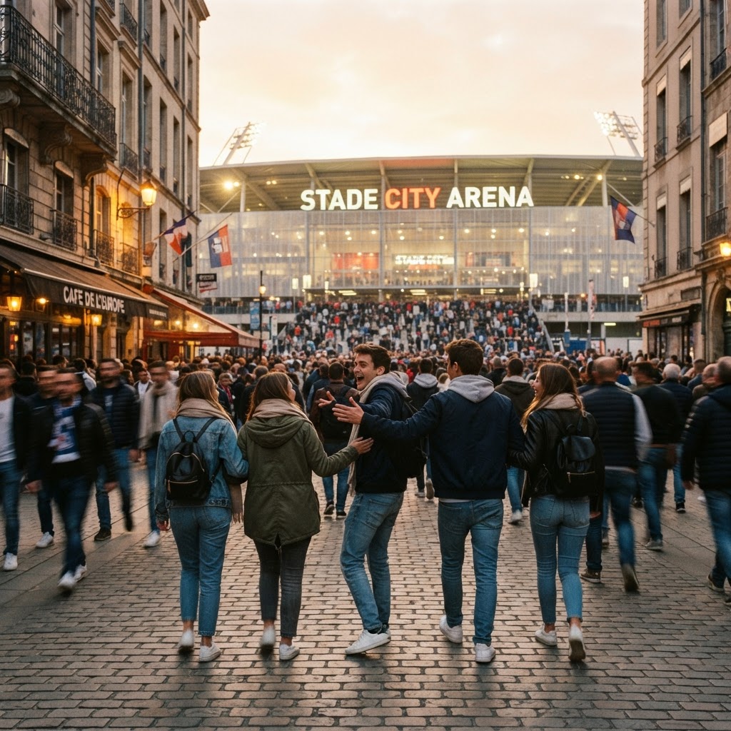 Vrienden lopen samen naar het stadion