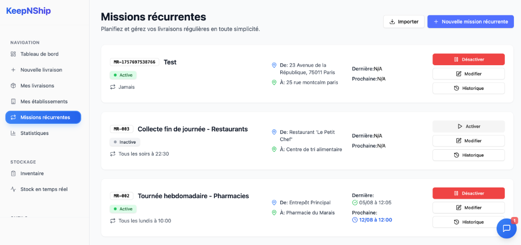 Page des missions récurrentes