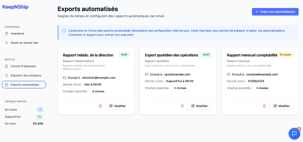 Page des exports automatisés